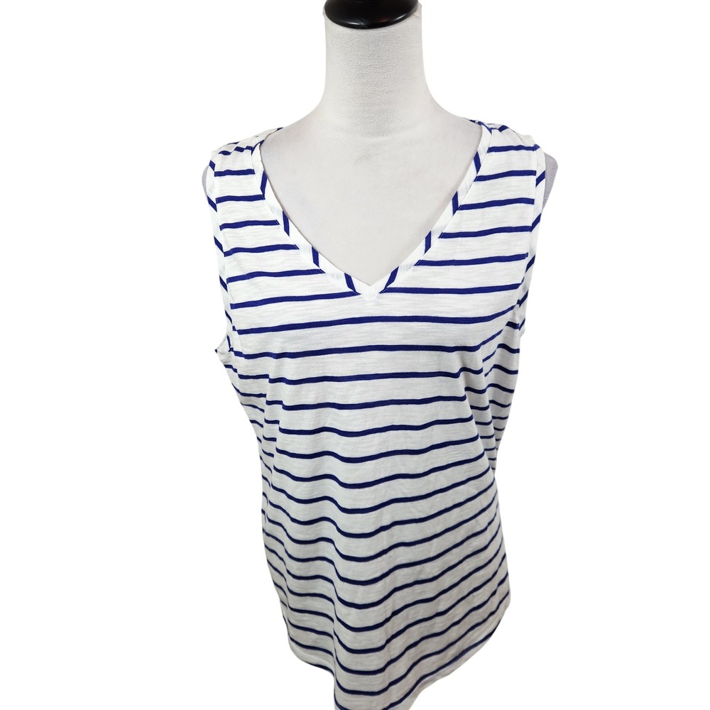 Chicos Size 3 Ultimate Tee Blue  White Stripe V Neck Tank Knit Top Womens XL NWT
